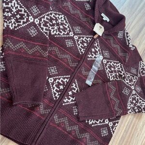 NWT Frye & Co Burgundy Patterned Sweater cardigan zipper